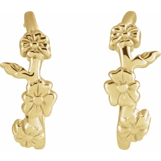 Margherita errings Margherita Flower Hoop Earrings Delicate, feminine, and inspired by the beauty of nature, the Margherita Flower Hoop Earrings are crafted in polished gold and adorned with an elegant arrangement of blooming flowers and delicate leaves. Their sculptural design wraps gracefully around the ear, creating a refined yet playful look that captures the essence of a blooming garden. Perfect for everyday elegance or special occasions, these earrings combine timeless craftsmanship with a romantic floral aesthetic, making them a charming addition to any jewellery collection.
