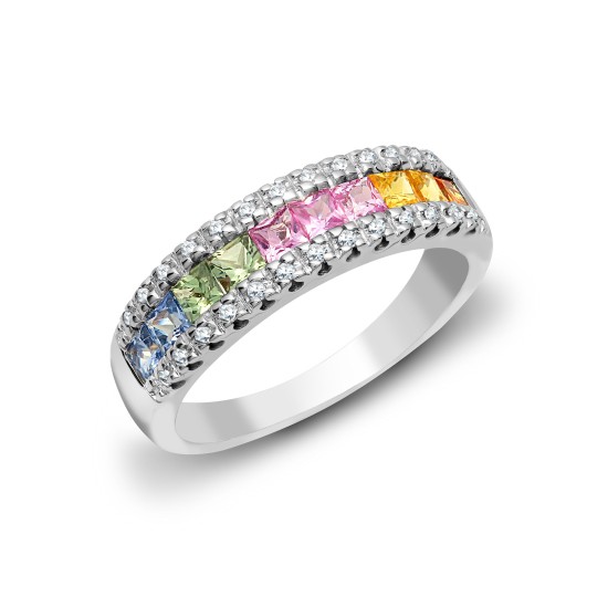 Gold Natural Diamond And Multi Coloured Sapphires Ring 18ct White Gold Natural Diamond And Multi Coloured Sapphires Ring